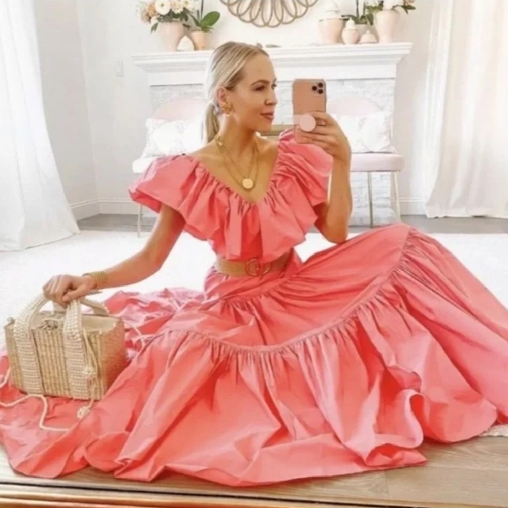 H&M Ruffle Trimmed Taffeta Dress in Coral Pink! Size Small.